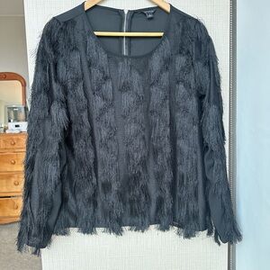 Ann Taylor Black Long-Sleeve Fringe Detail Top